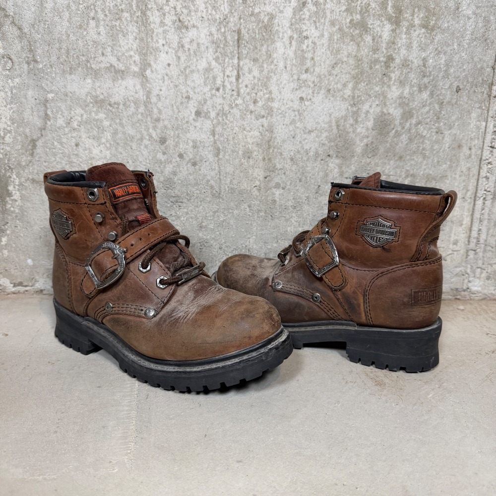 Harley Davidson Brown Leather Biker Boots Buckle Strap Lug Sole 81025 Womens 6